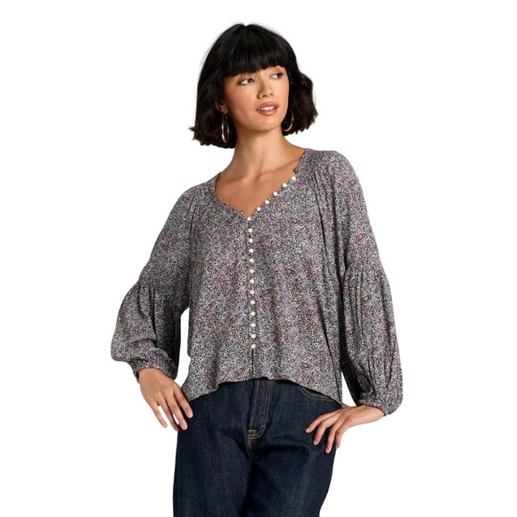 Universal Thread Tops - Universal Thread Women's Floral Blue Burgundy Button Front Blouse Size L